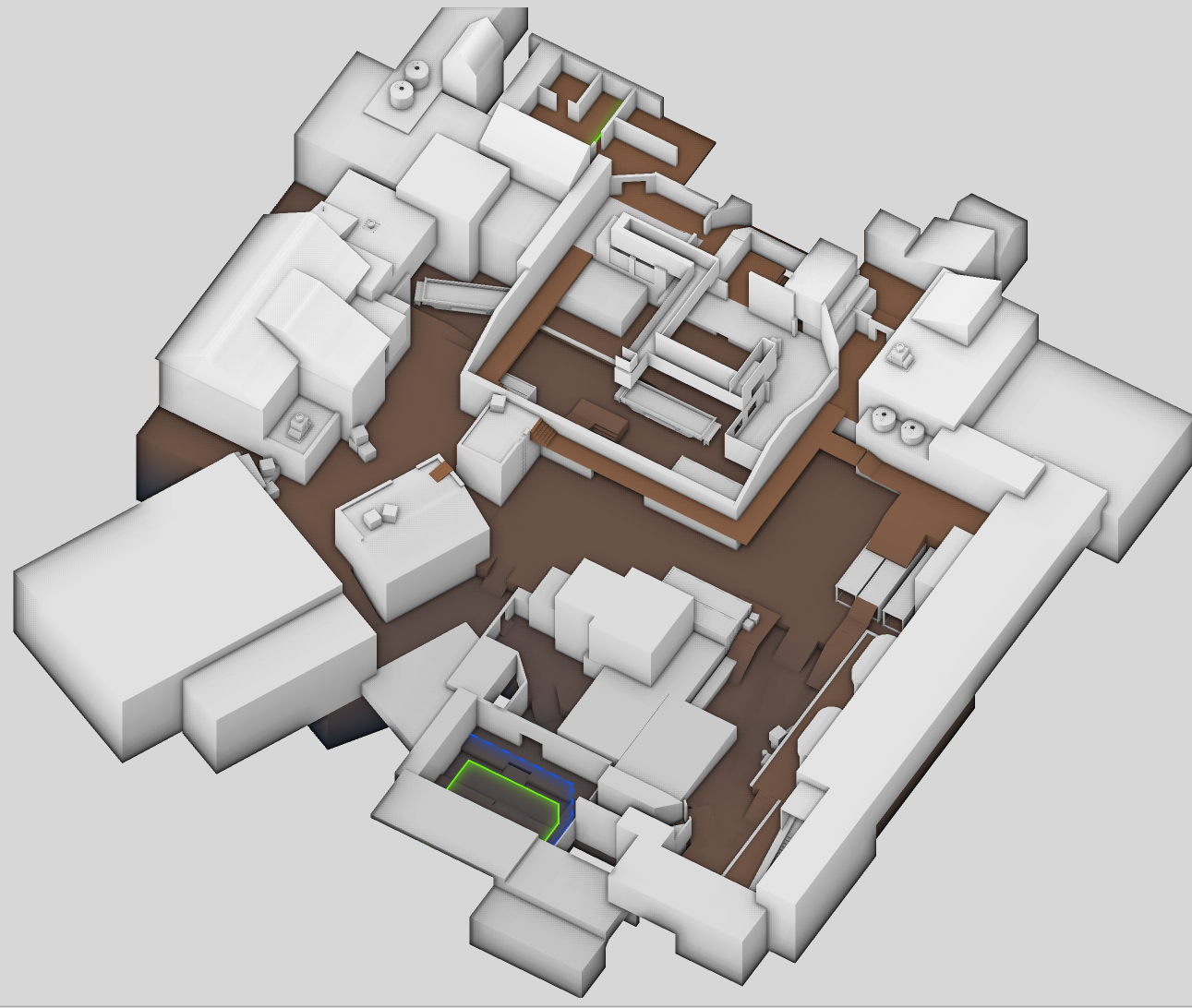 Top-down layout of de_Shed showing team spawns and hostage positions