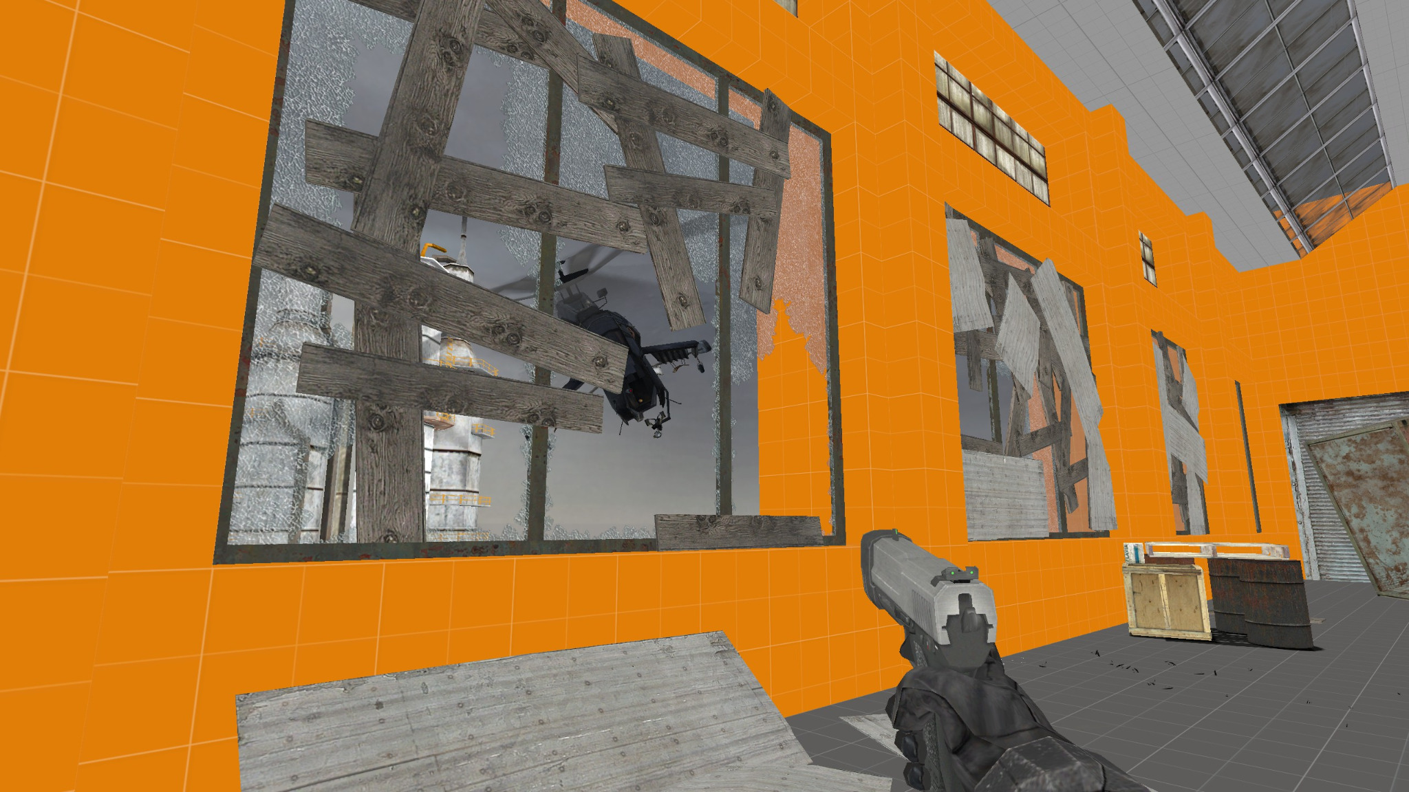 Helicopter visible through warehouse windows